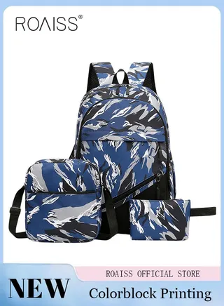3-Piece New Trendy Backpack High School Student Schoolbag Casual Camouflage Travel Backpack Large Capacity Computer Bag 