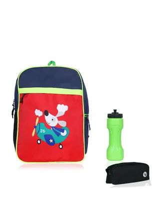 Combo of Animal Printed Polyester Kids Backpack with zip closure Ideal for 4-6 years age group, Plastic Sipper And Polyester Pouch Red-Navy 