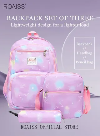 3-Piece Backpack Set Simple Large-Capacity Carrying School Bag Shoulder Bag Pencil Bag Waterproof Fabric Light Texture 