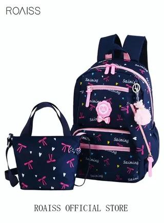 3pcs Heart and Bowknot Printed Graphic Cute Functional Backpack Set Schoolbag and Shoulder Bag and Pencil Case with Doll Pendant for Kids/Girls Dark Blue/Pink 