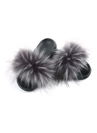 Women Long Faux Raccoon Fur EVA Sandals Grey/Black 