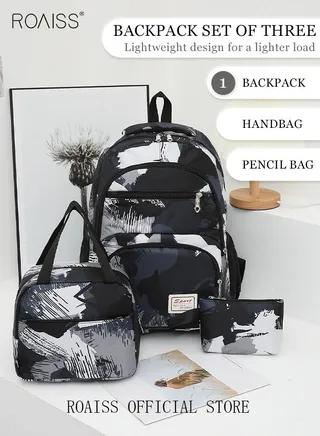 3-Piece Large Capacity Backpack Suit Camouflage Color Matching with Lunch Box Pencil Case Campus School Bag/Middle School Student/College Students 