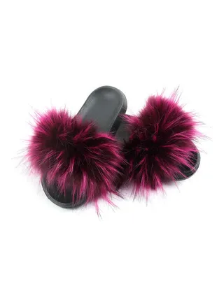 Women Long Faux Raccoon Fur EVA Sandals Purple/Black 