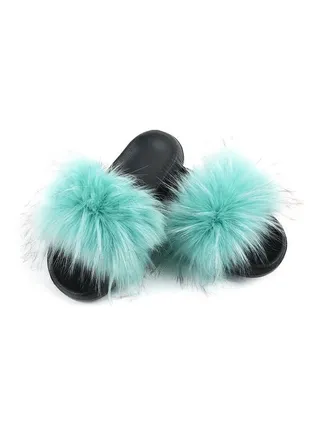 Women Long Faux Raccoon Fur EVA Sandals Mint Green/Black 