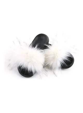 Women Long Faux Raccoon Fur EVA Sandals White/Black 