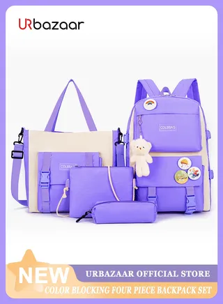 School Bag for Girls 4Pcs Kawaii Cute Backpack Set with Pendant Lunch Bag, Pencil Case, Handbag for Teen Girls School Backpack 