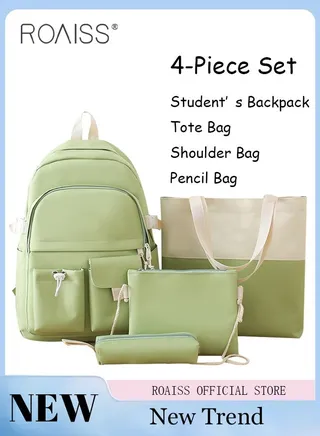 4 Pcs Letter Graphic Colorblock Backpack Set Cute Sweet Large Capacity School Bag Bookbag Shoulder Totes Pencil Case for Kids Girls Middle School Students 