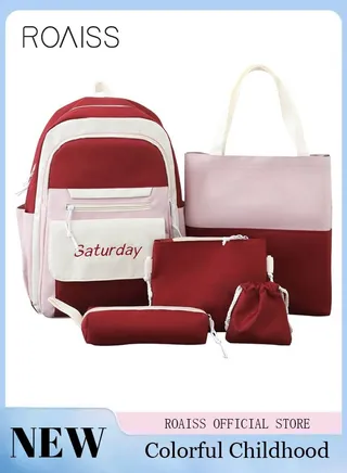 5 Pcs Letter Graphic Colorblock Backpack Set Cute Sweet Large Capacity School Bag Shoulder Totes Pencil Case for Kids Girls Middle School Students 