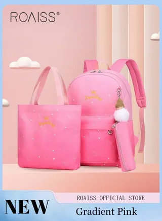 3pcs Starry Sky Printing Cute Functional Backpack Set Large Capacity Schoolbag and Shoulder Bag and Pencil Case with Doll Pendant for Kids/Girls 