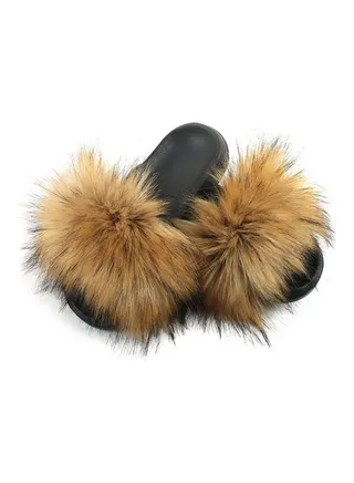 Fashion Women Long Faux Raccoon Fur Anti-slip EVA Slippers Brown/Black 
