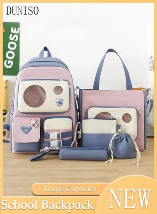 5 pieces Girl' s School Backpacks Multi-pocket Large Capacity Book Bag with Compartments Waterproof Wear-resistant Backpack Sets for Little Gril Teen Kids Primary School Students School bag 
