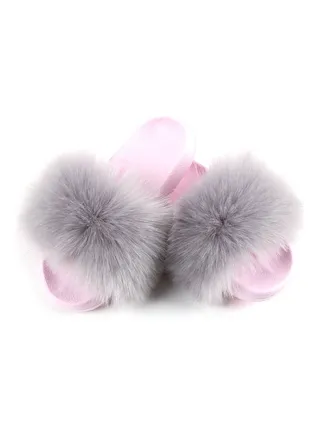 Stylish Women Faux Fur Open Toe Flat Slippers Grey/Pink 