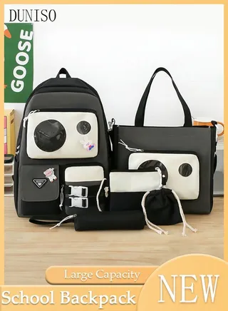 5 pieces Kids School Backpacks Multi-pocket Large Capacity Book Bag with Compartments Waterproof Wear-resistant Backpack Sets for Teen Kids Primary School Students School bag (Black) 