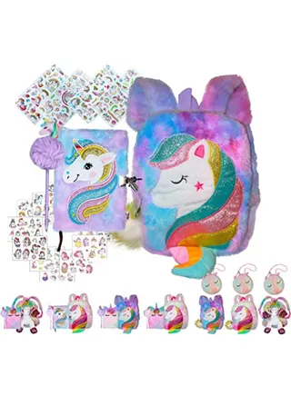 Fluffy Unicorn Backpack Rainbow Cute Plush Bag with Purse or Fuzzy Notebook Pom Pen  Stickers Soft Toy Stylish School Supplies Girl Dream Gift Diary Notebook Kids 