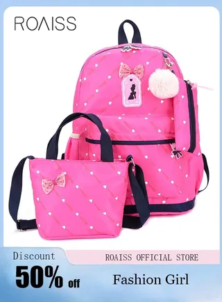 3pcs Heart and Bowknot Printed Graphic Cute Functional Backpack Set Schoolbag and Shoulder Bag and Pencil Case with Doll Pendant for Kids/Girls Hot Pink 