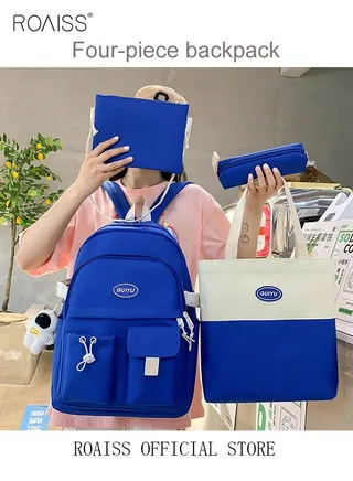 4 Pcs Letter Graphic Colorblock Backpack Set Sweet Large Capacity School Bag Bookbag Shoulder Totes Pencil Case for Kids Girls Middle School Students White/Navy Blue 