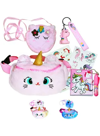 Rainbow Unicorn Fluffy Cute Plush Waist Pack Hand Bag Pouch Organizer Gift for Girls Casual Travel School Bag with Unicorn Keychain Mini Notebook Stickers and Tattoos 