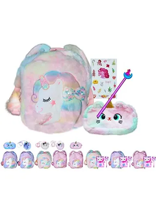 Fluffy Unicorn Backpack 3D Rainbow Color Cute Plush Bag with Fuzzy Notebook Pom Pen and Stickers Soft Toy Stylish School Supplies 
