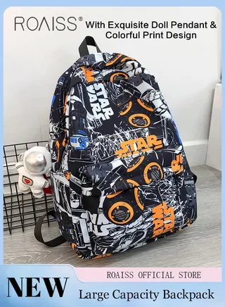 Stylish Cool Graffiti Travel Backpack for Unisex Casual Versatile Large Capacity Student Bag with Doll Pendant Waterproof Rucksack with Multi-pockets Suitable for Commute Trip or Class 