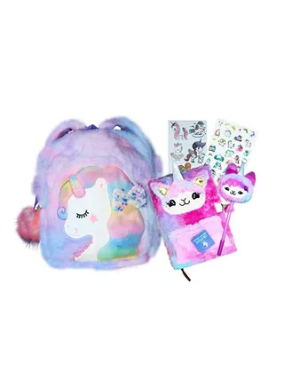 Fluffy Unicorn Backpack 3D Rainbow Color Cute Plush Bag with Fuzzy Notebook Pom Pen and Stickers Soft Toy Stylish School Supplies 