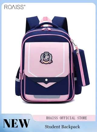 2-Piece Set Of Contrasting Color Backpacks, Children'S Large-Capacity School Backpack And Pencil Case 