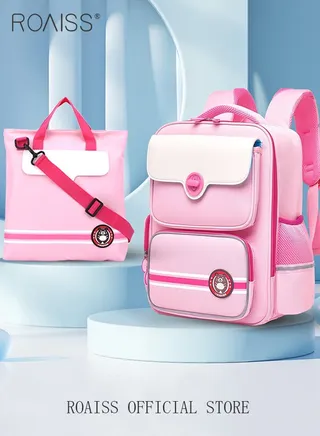 2 Piece Children Protect Spine Backpack and Tote Bag Set Reduce Shoulder Burden High Capacity with Scientific Storage Breathable Suspender Reflective Strip Design at Night 