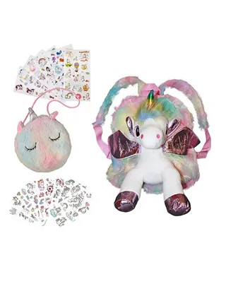 Fluffy Unicorn Backpack Rainbow Cute Plush Bag with Purse or Fuzzy Notebook & Pom-Pom Pen & Stickers Soft Toy Stylish School Supplies Girl’s Dream Gift Diary Notebook Kids Toddlers 