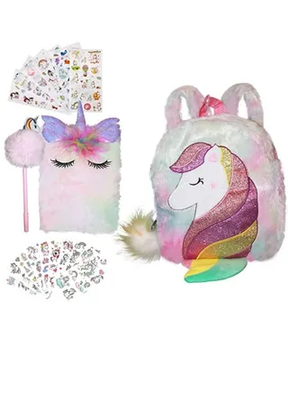 Fluffy Unicorn Backpack Rainbow Cute Plush Bag with Purse or Fuzzy Notebook & Pom-Pom Pen & Stickers Soft Toy Stylish School Supplies Girl’s Dream Gift Diary Notebook Kids Toddlers 
