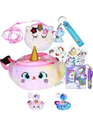 Rainbow Unicorn Fluffy Cute Plush Waist Pack Hand Bag Pouch Organizer Gift for Girls Casual Travel School Bag with Unicorn Keychain Mini Notebook Stickers and Tattoos 