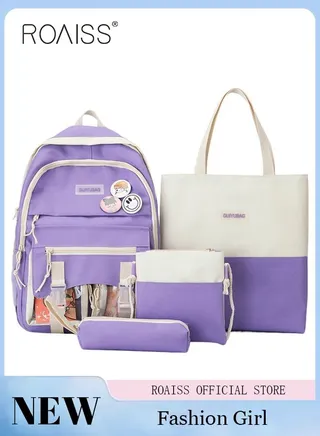 4-Piece Set School Bag Female College Student High School Simple Ins Style Primary School Student Junior High School Backpack 