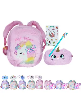 Fluffy Unicorn Backpack 3D Rainbow Color Cute Plush Bag with Fuzzy Notebook Pom Pen and Stickers Soft Toy Stylish School Supplies 