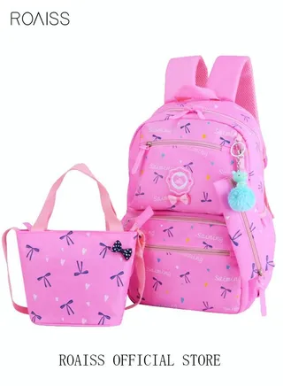 3pcs Heart and Bowknot Printed Graphic Cute Functional Backpack Set Schoolbag and Shoulder Bag and Pencil Case with Doll Pendant for Kids/Girls Pink 