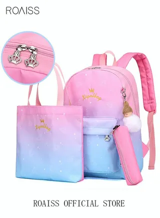 3pcs Starry Sky Printing Cute Functional Backpack Set Large Capacity Schoolbag and Shoulder Bag and Pencil Case with Doll Pendant for Kids/Girls Pink/Blue 