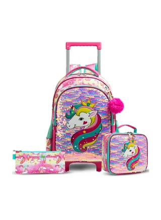 Eazy Kids - 16" Set of 3  Trolley School Bag Lunch Bag & Pencil Case Unicorn  - Pink 