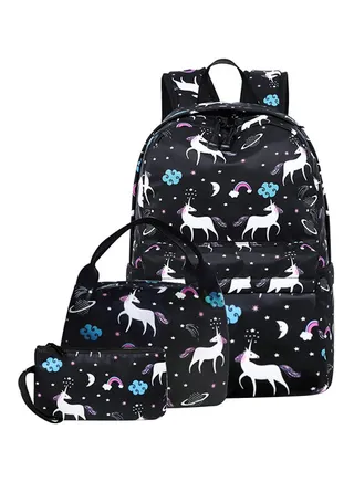 Polyester Stripes Print Zipper Kids Backpack Set Black 