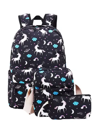 3-Piece Unicorn Printed Backpack Set Black/White/Blue 