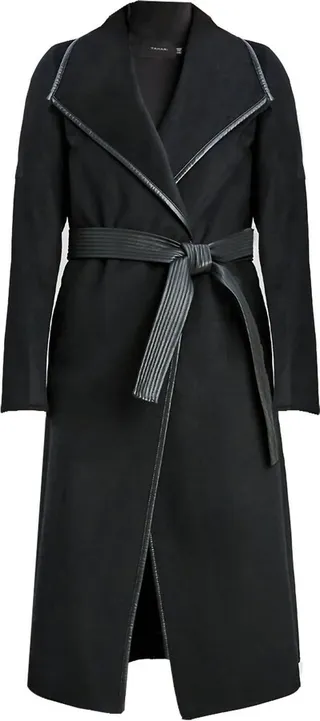 Juliette Double Face Faux Leather Trim Belted Wool Coat Black in Black