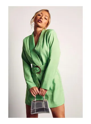 Asymmetric Gold Buckle Belted Blazer Dress 