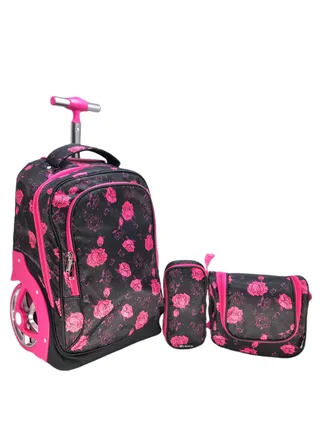 BigWheel18-Inch Black Premium School Backpack Set for Girls, Includes Lunch Bag and Pencil Case with Beautiful Rose Design 