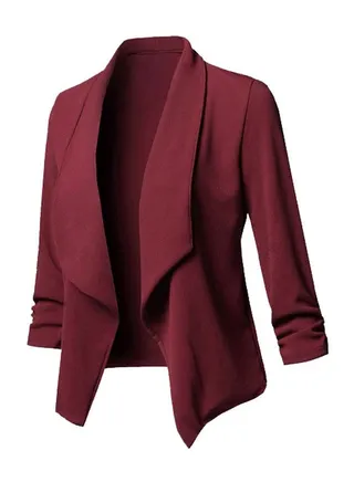 Solid Asymmetrical Open Front Blazer Burgundy 