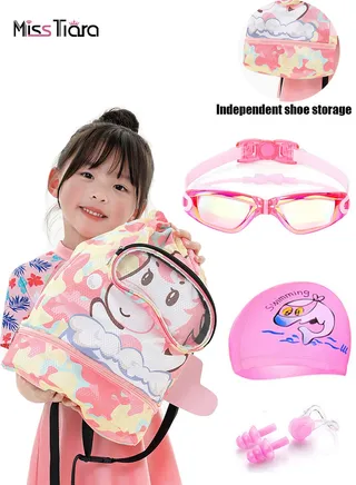 4-Piece Kids Drawstring Waterproof Backpack Swimming Goggle Cap Set Drawstring Wet and Dry Separated Swim Bag for Girls and Boys with Swimming Cap, Swimming Goggles, Ear Plugs and Nose Clip 