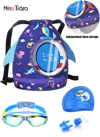 4-Piece Kids Drawstring Waterproof Backpack Swimming Goggle Cap Set Drawstring Wet and Dry Separated Swim Bag for Girls and Boys with Swimming Cap, Swimming Goggles, Ear Plugs and Nose Clip 