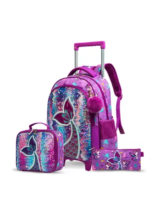 Eazy Kids - 16" Set of 3 Trolley School Bag Lunch Bag & Pencil Case Mermaid - Purple 