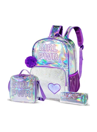 Eazy Kids-18" School Bag Lunch Bag Pencil Case Set of 3 Girl Power - Purple 