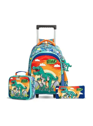 Eazy Kids - 16" Set of 3  Trolley School Bag Lunch Bag & Pencil Case Dinosaur  - Orange 