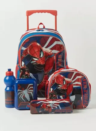 5-Piece Spider-Man Printed Trolley Backpack Set - 18 inches with a lunch bag, pencil case, lunch box and water bottle. 