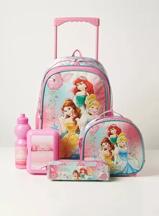 5-Piece Princesses Backpack Set - Trolley Backpack 16 In", Lunch Bag, Sandwich box Pencil Pouch and Water Bottle 