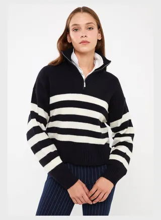 Zip Neck Striped Sweatshirt 