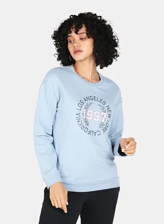 Crew Neck Graphic Printed Sweatshirt Blue Fog 