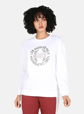 Casual Graphic Printed Crew Neck Regular Fit Sweatshirt White 